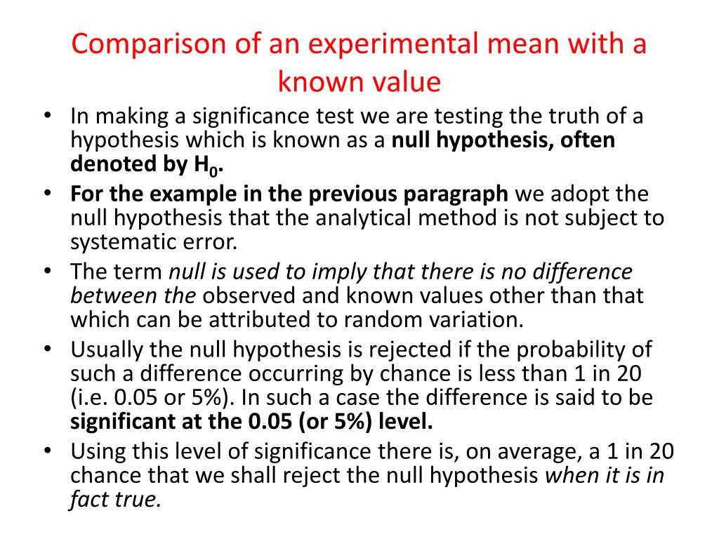 comparison of an experimental mean with a known