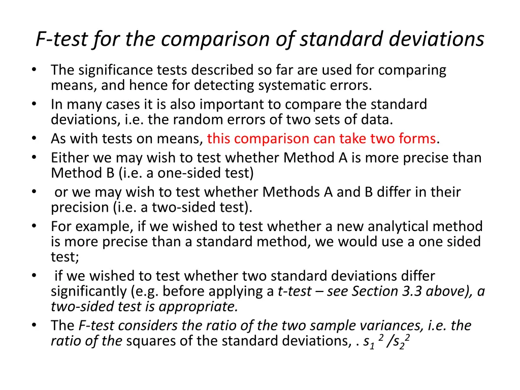 f test for the comparison of standard deviations