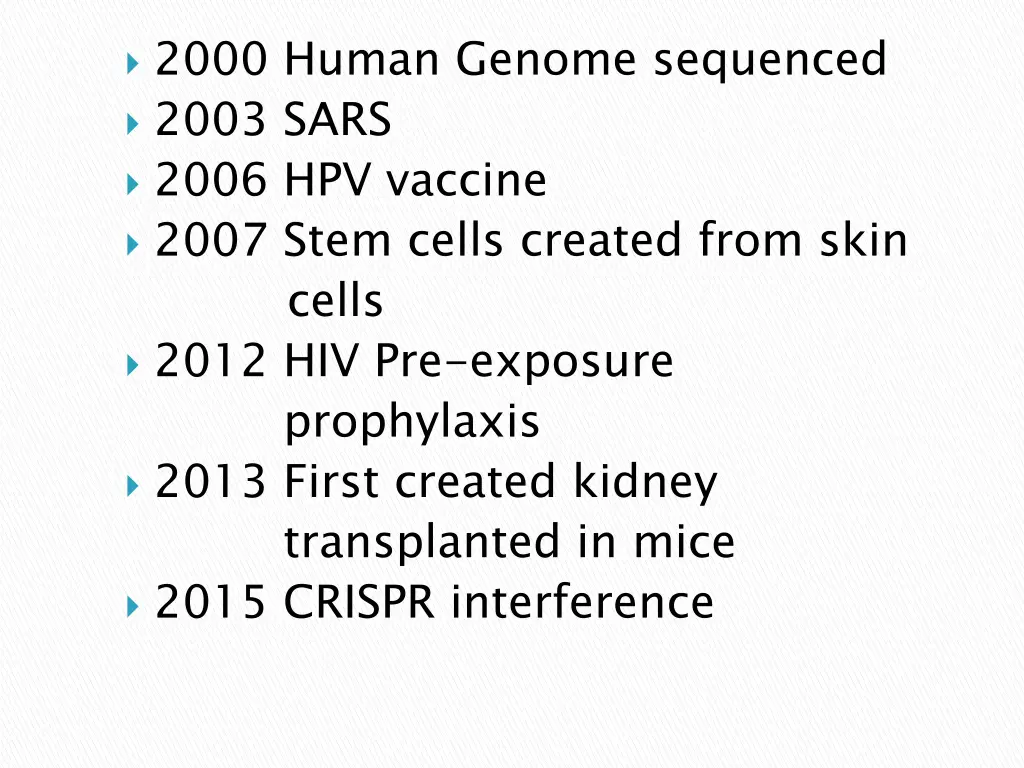 2000 human genome sequenced 2003 sars 2006