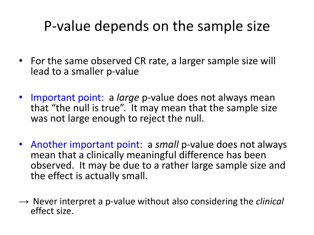 p value depends on the sample size