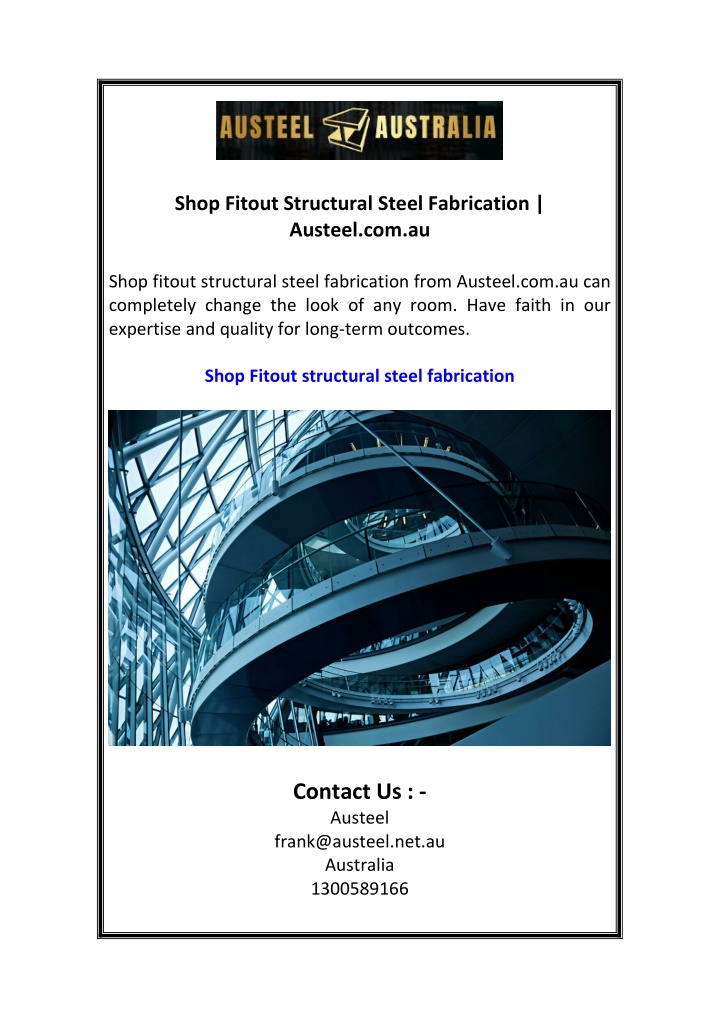 shop fitout structural steel fabrication austeel