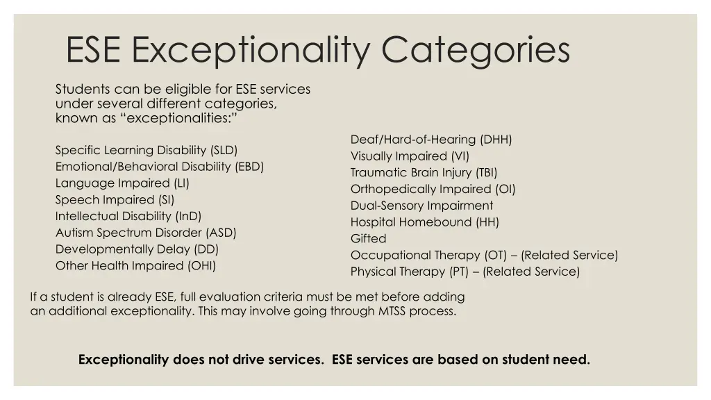 ese exceptionality categories