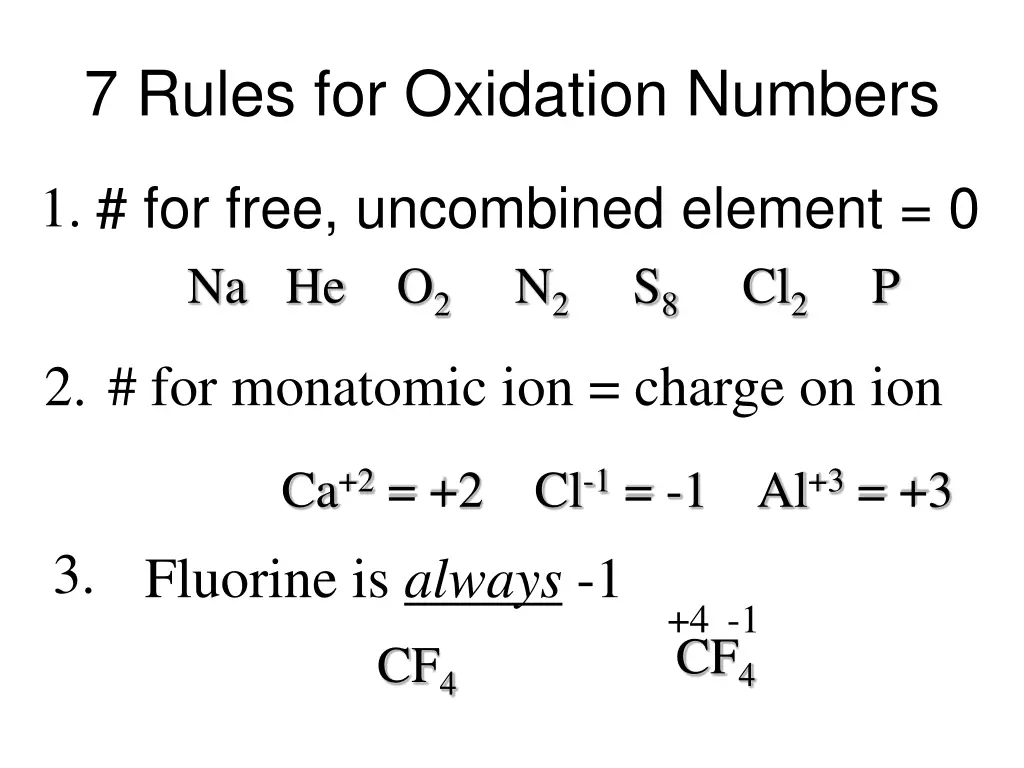 7 rules for oxidation numbers