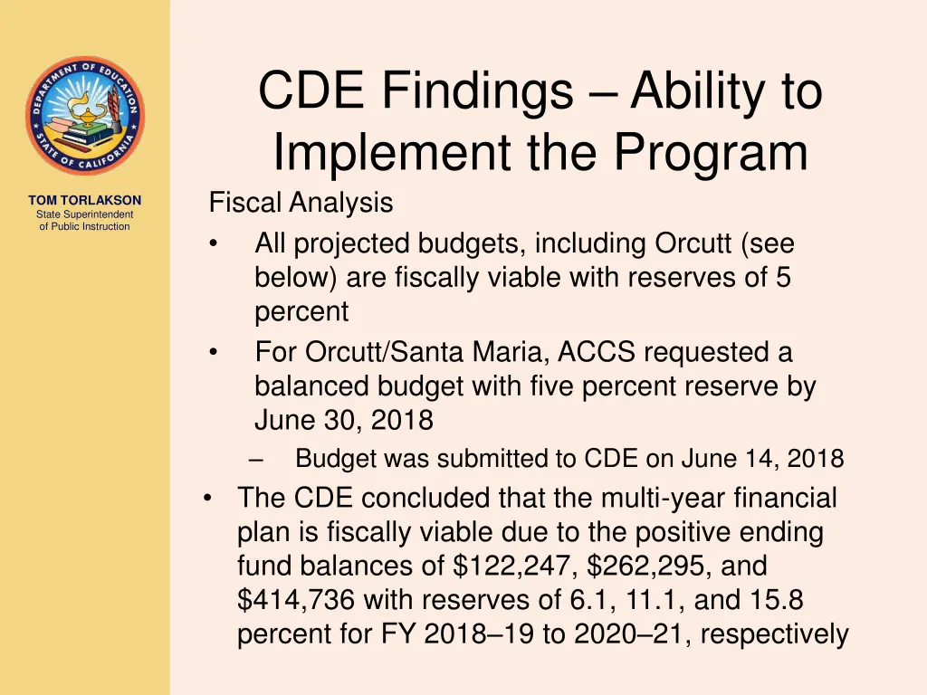cde findings ability to implement the program