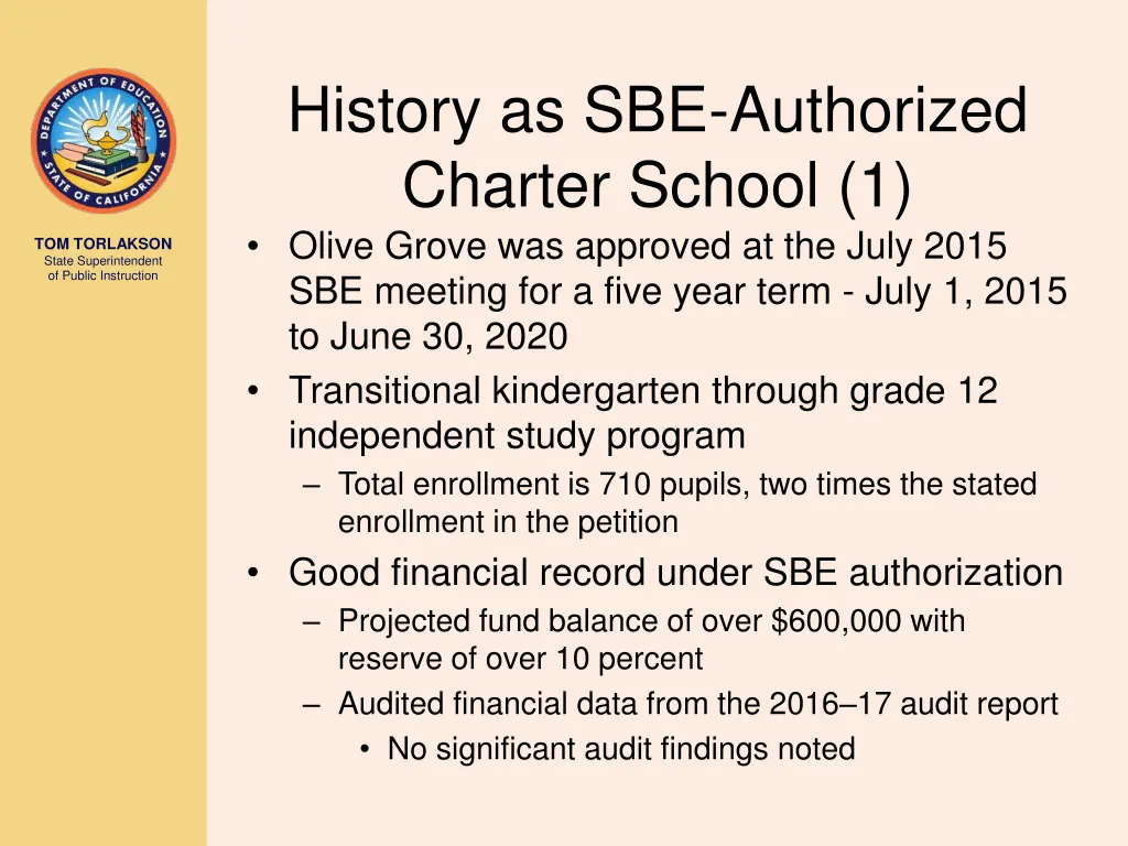 history as sbe authorized charter school 1 olive