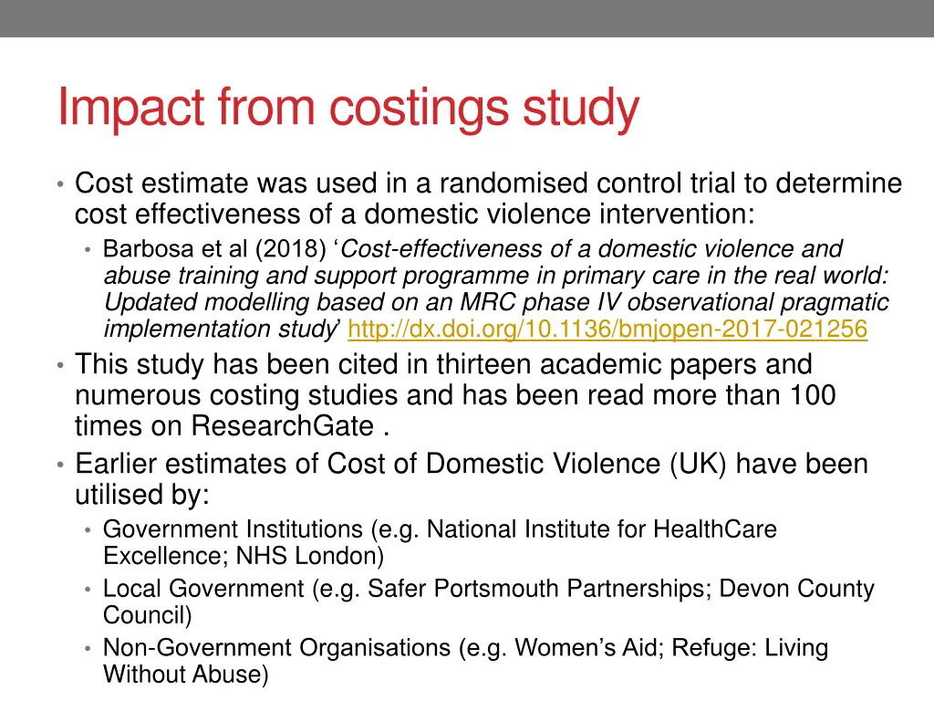 impact from costings study