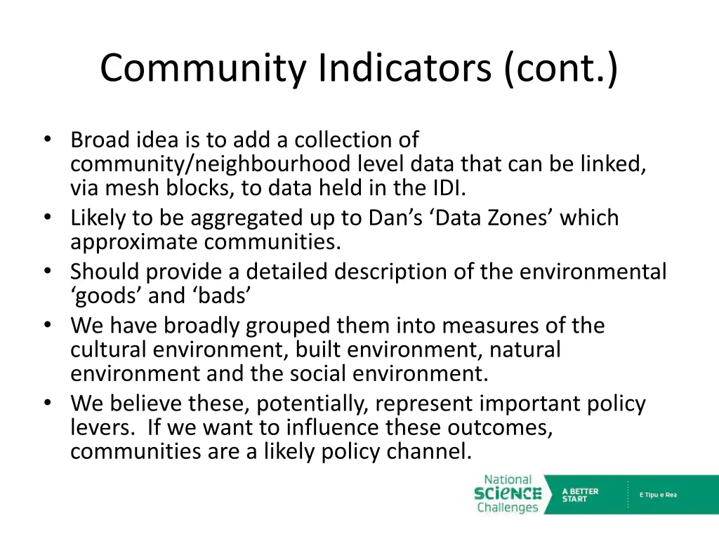 community indicators cont