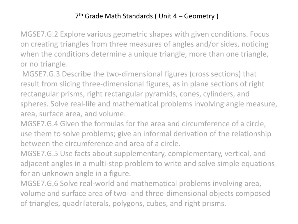 7 th grade math standards unit 4 geometry