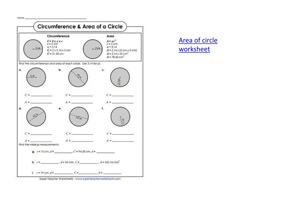 area of circle worksheet
