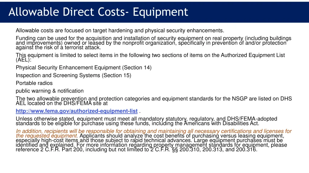 allowable direct costs equipment