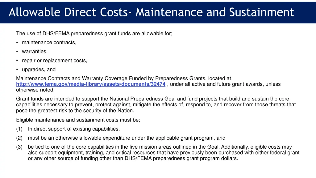 allowable direct costs maintenance and sustainment