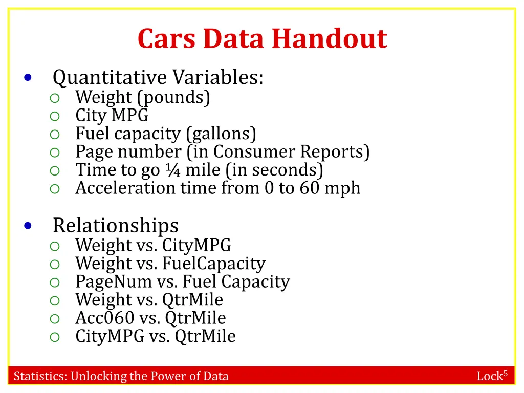 cars data handout quantitative variables weight