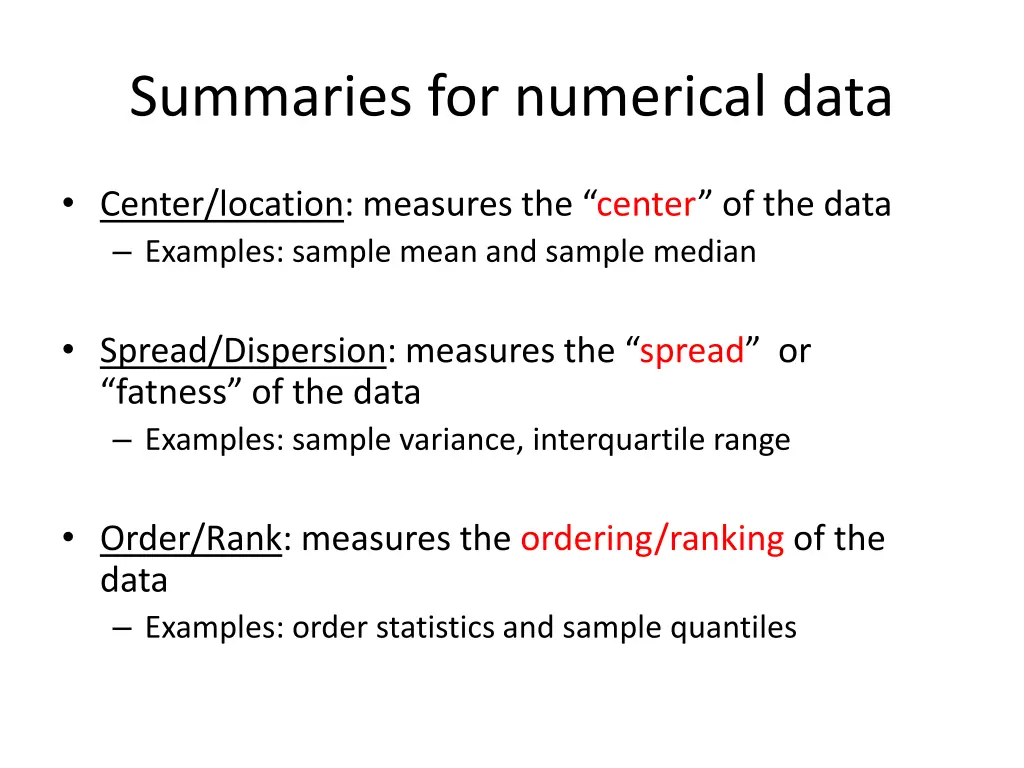 summaries for numerical data