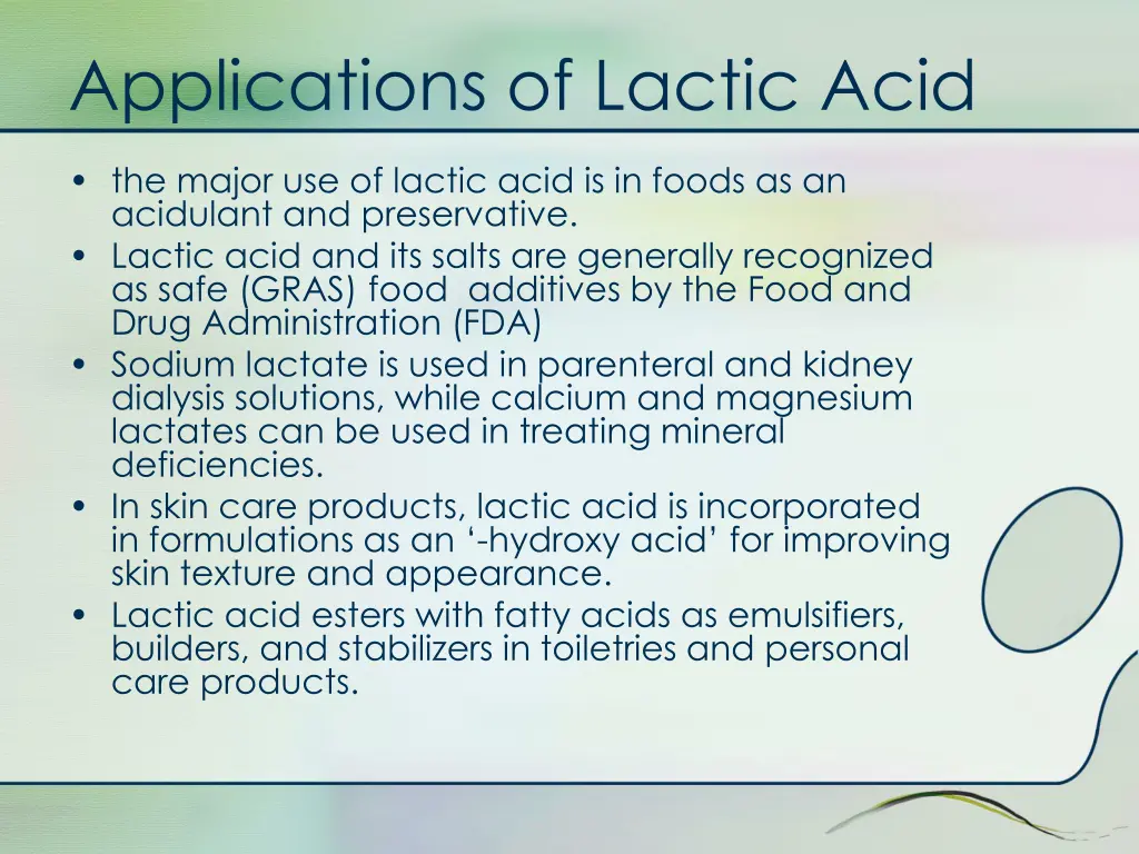 applications of lactic acid