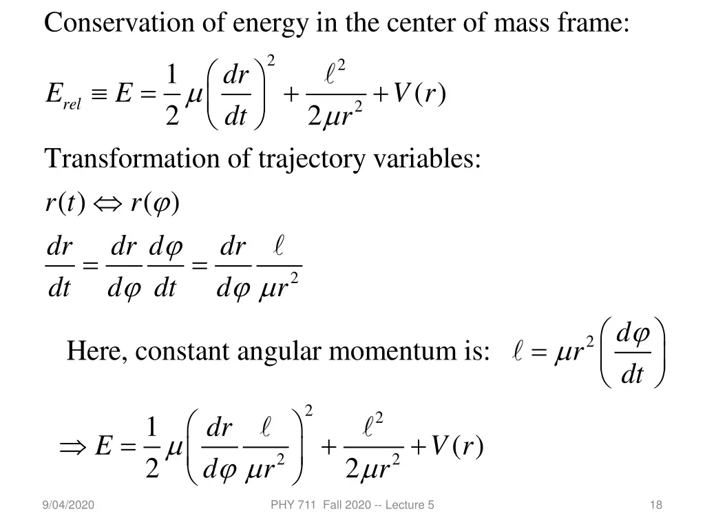 conservation of energy in the center of mass frame