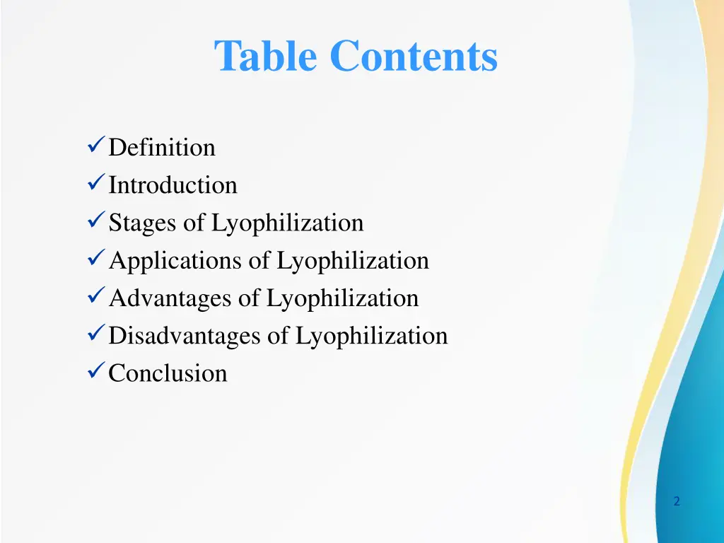 table contents