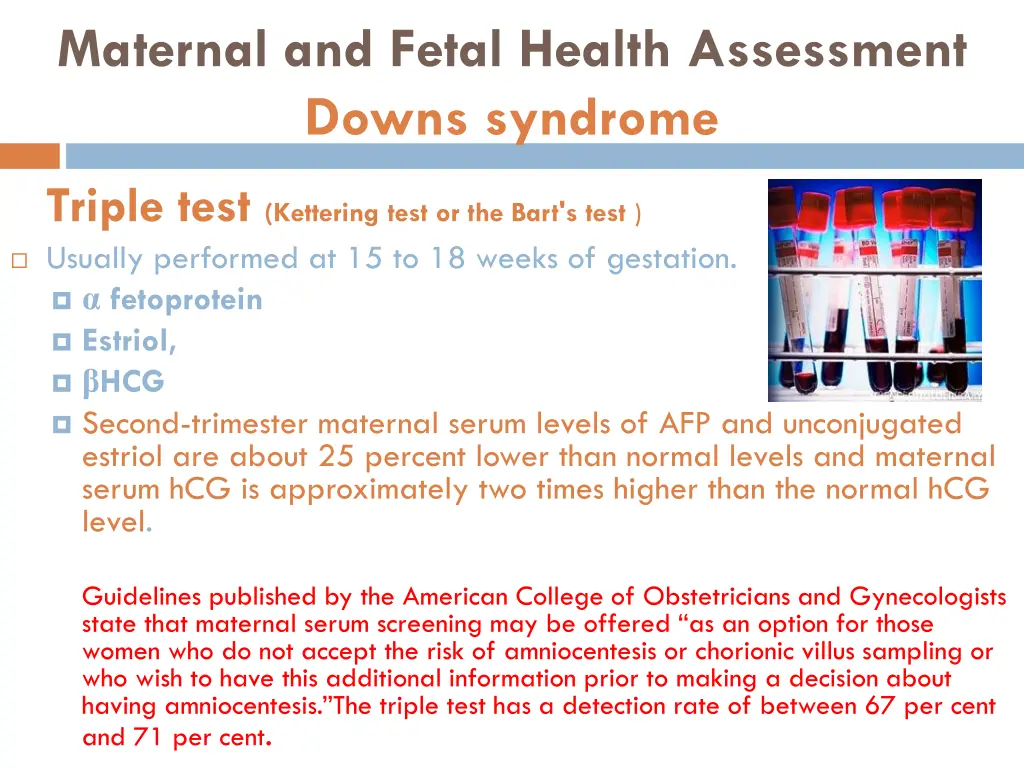 maternal and fetal health assessment downs