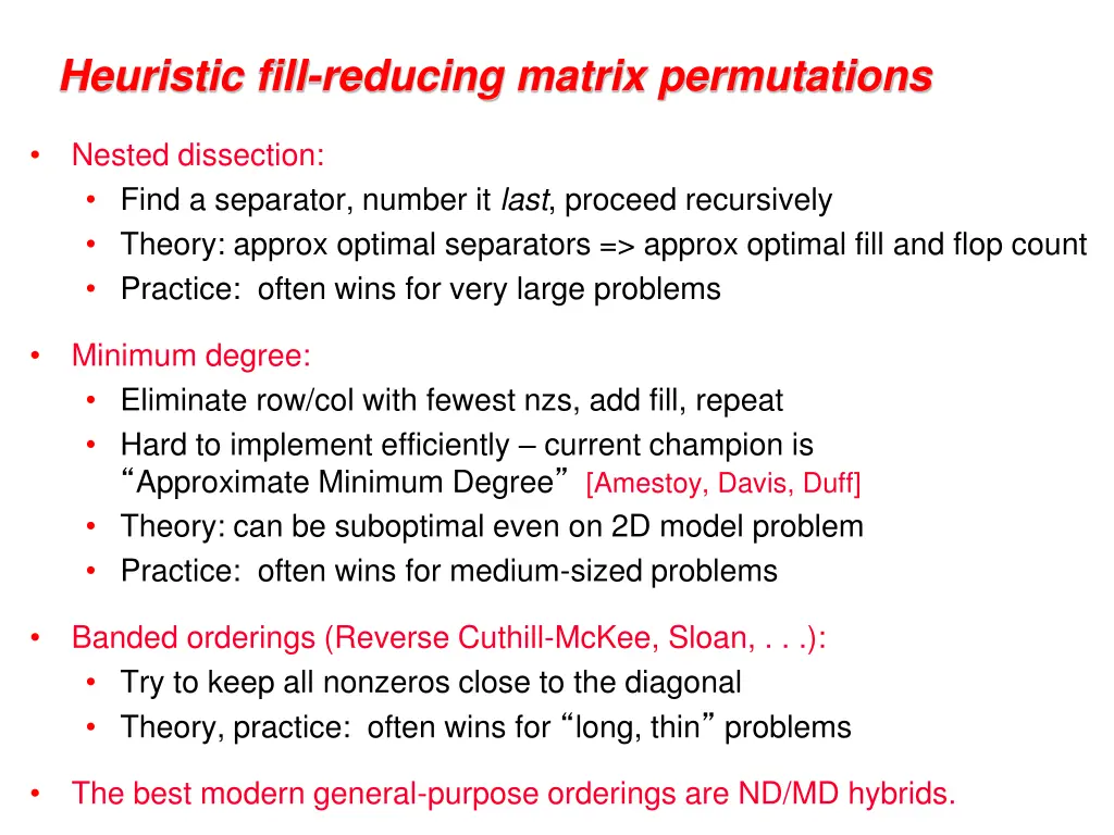 heuristic fill reducing matrix permutations