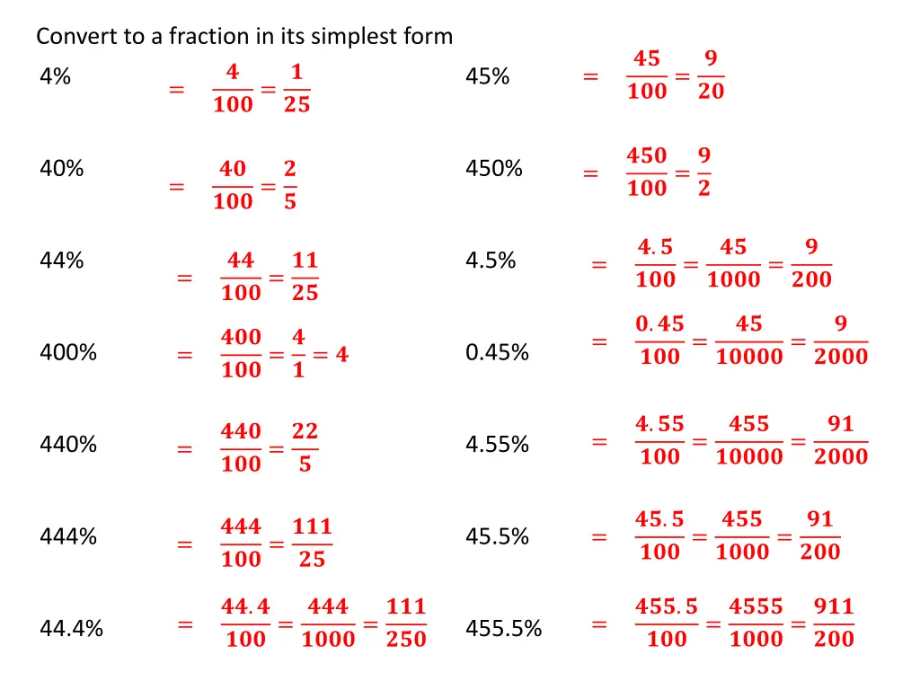 convert to a fraction in its simplest form 1