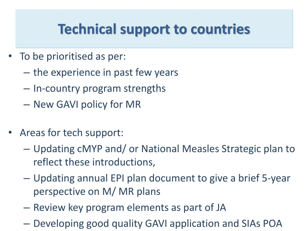 technical support to countries