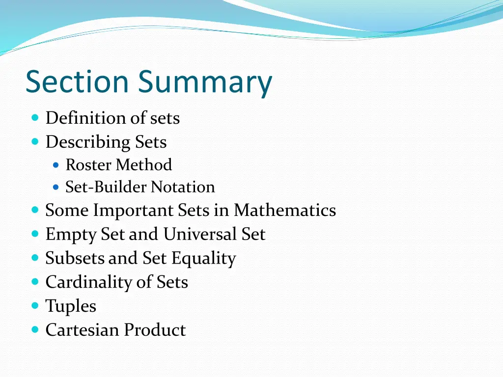 section summary definition of sets describing