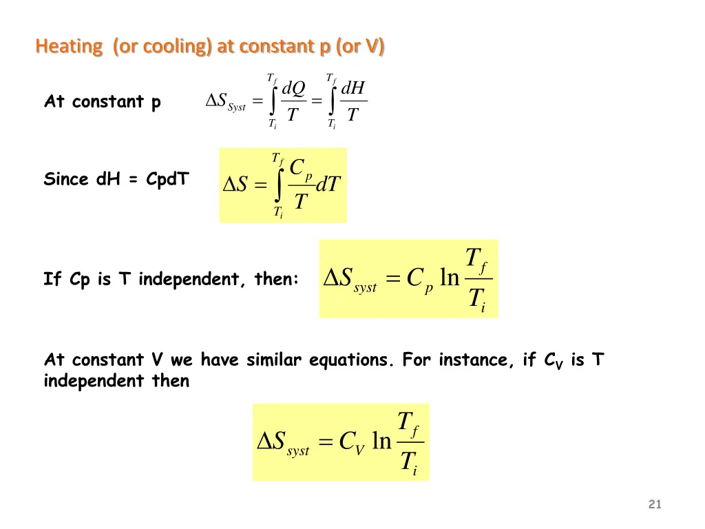 heating or cooling at constant p or v