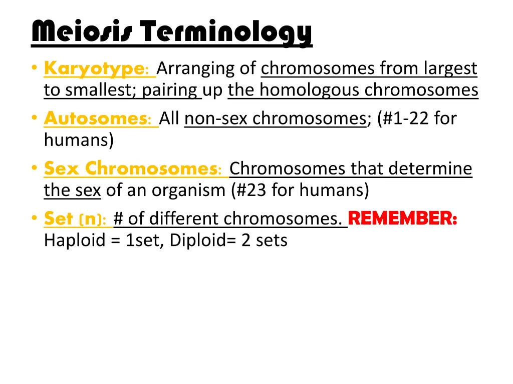 meiosis terminology karyotype arranging