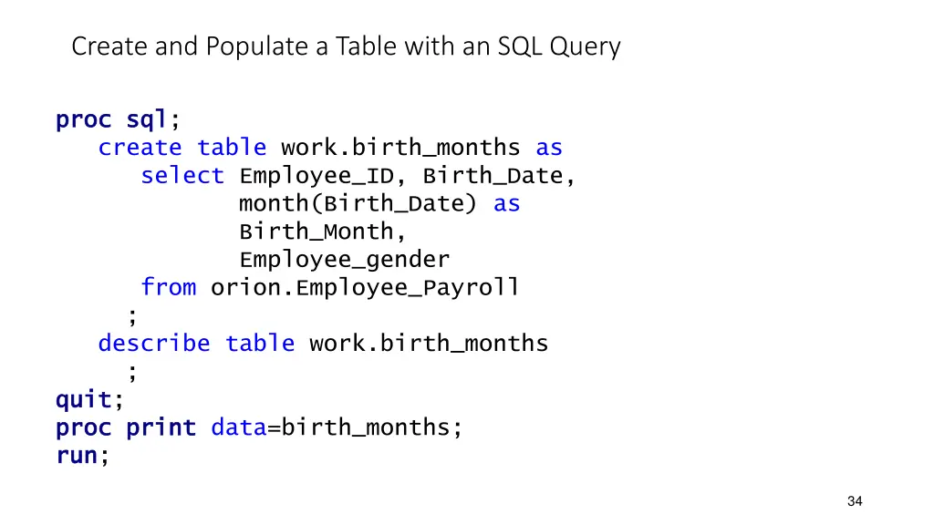 create and populate a table with an sql query