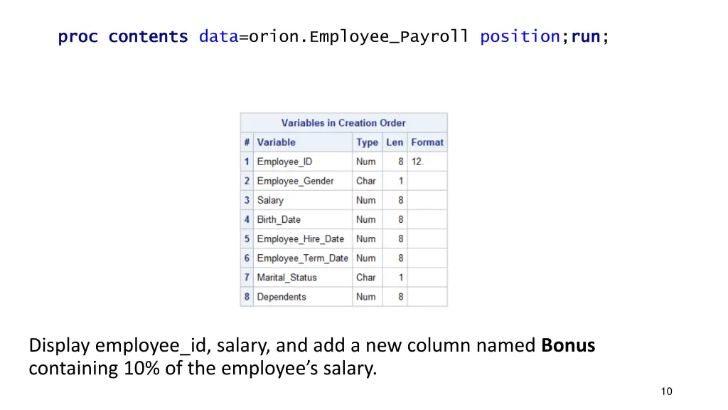 proc proc contents contents data orion employee