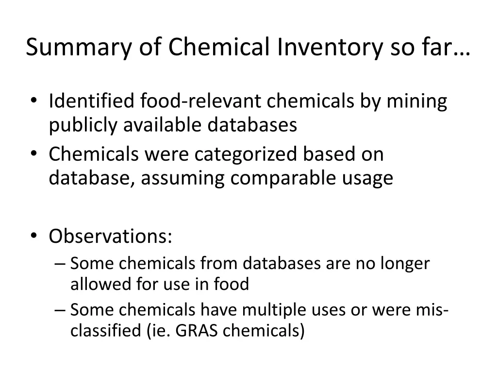 summary of chemical inventory so far