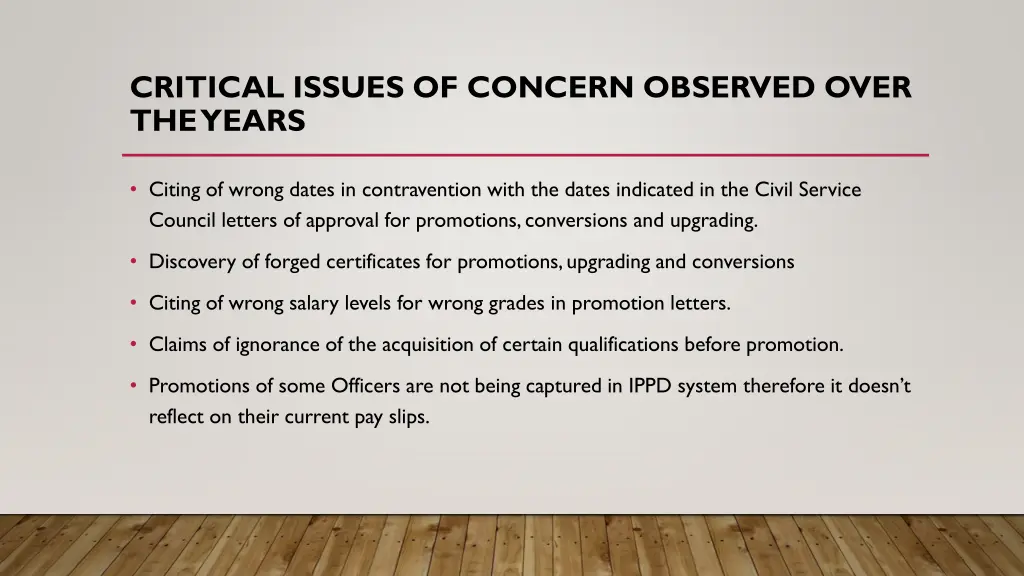 critical issues of concern observed over the years