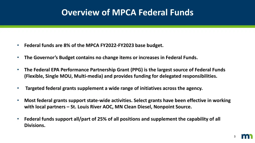 overview of mpca federal funds