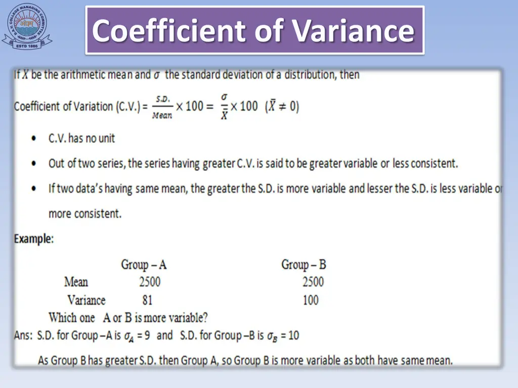 coefficient of variance