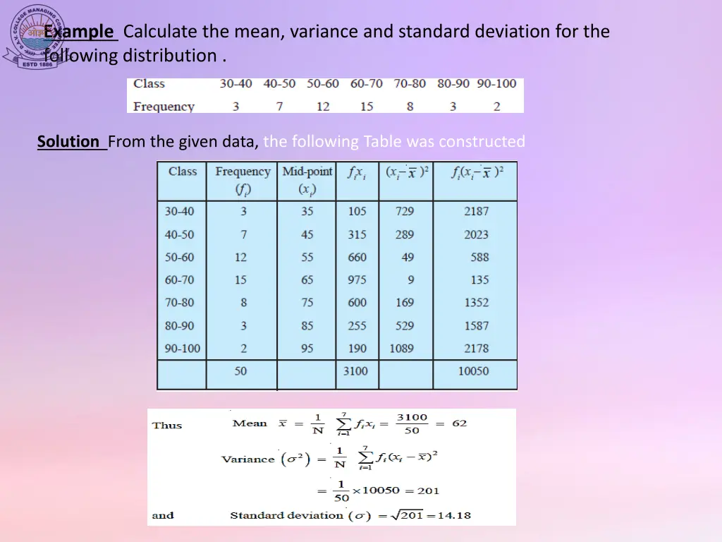 example calculate the mean variance and standard