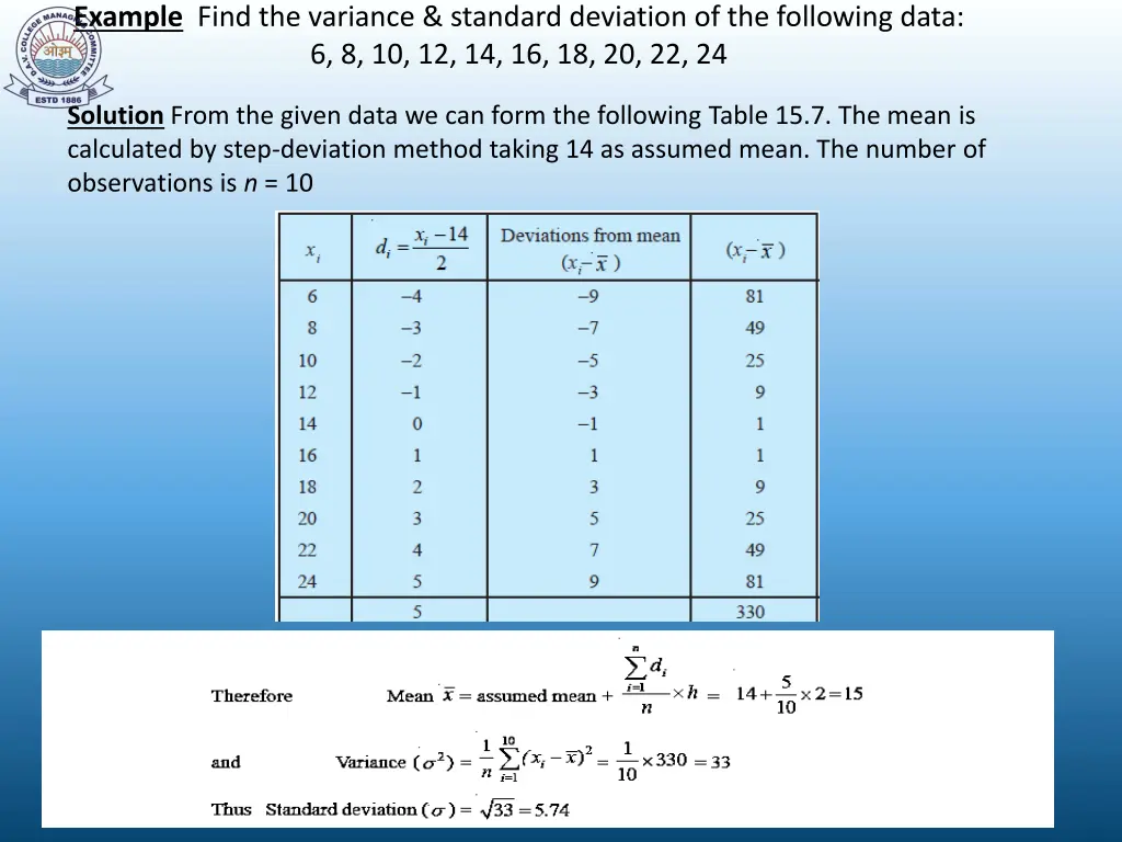 example find the variance standard deviation