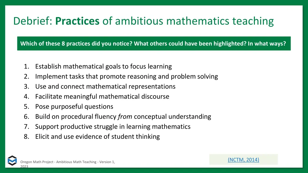 debrief practices of ambitious mathematics