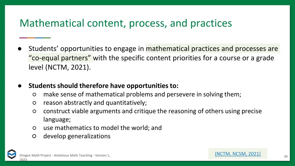 mathematical content process and practices