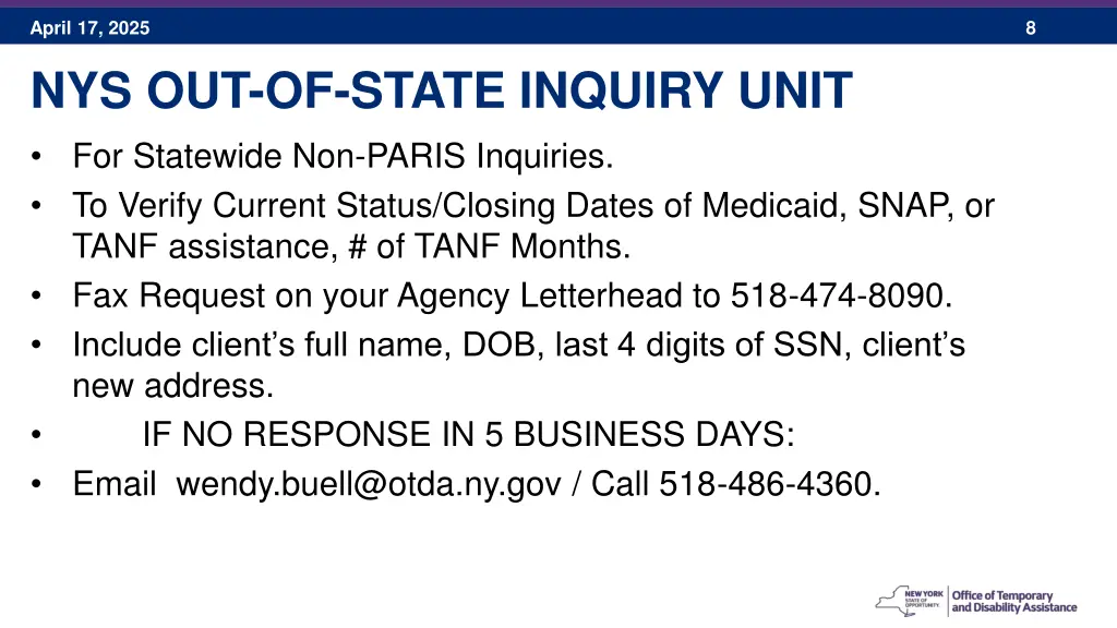 april 17 2025 nys out of state inquiry unit