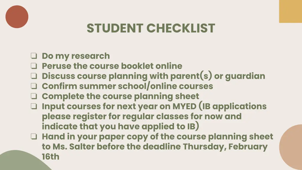 student checklist