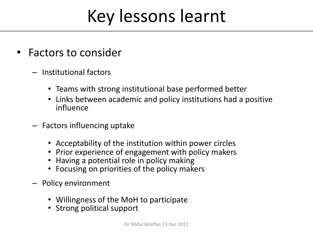 key lessons learnt