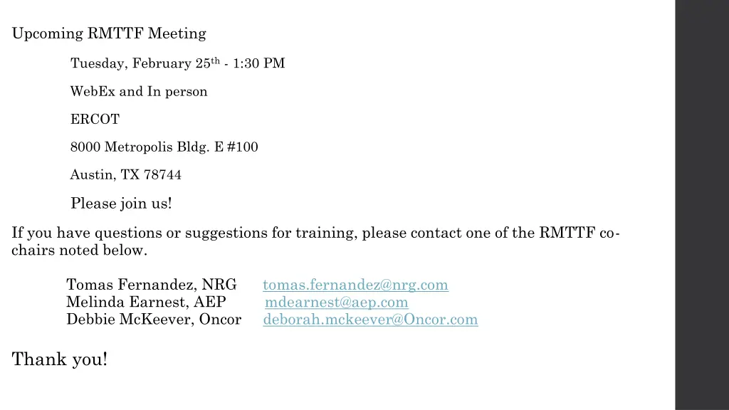 upcoming rmttf meeting