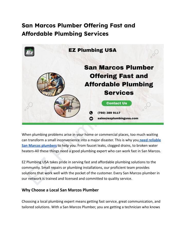 san marcos plumber o ering fast and a ordable