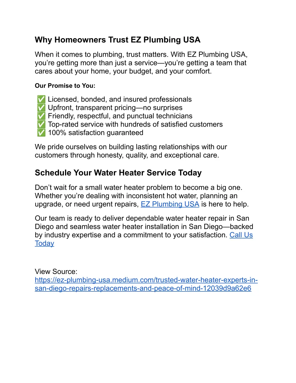 why homeowners trust ez plumbing usa