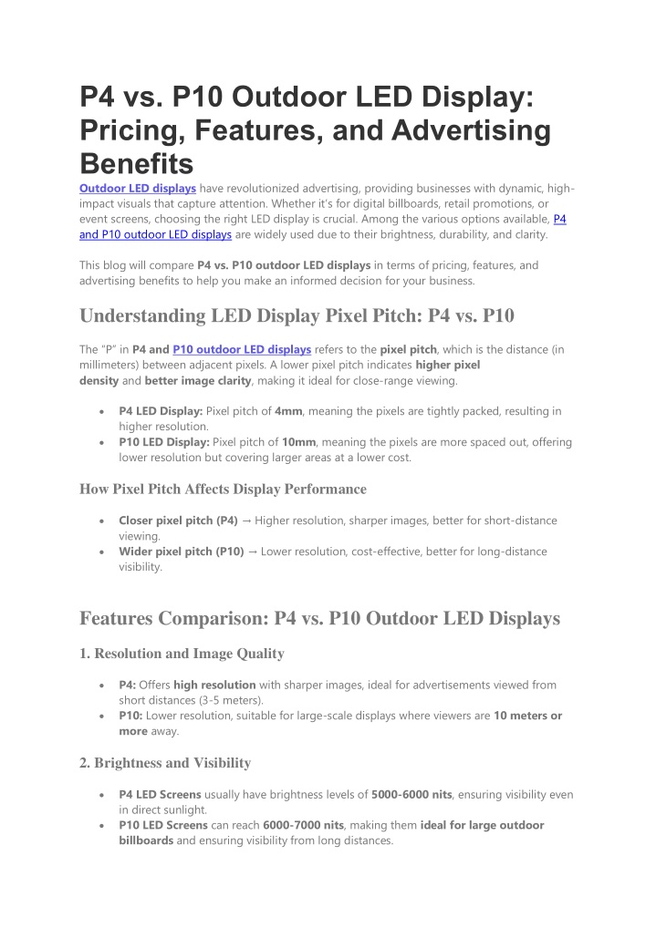 p4 vs p10 outdoor led display pricing features