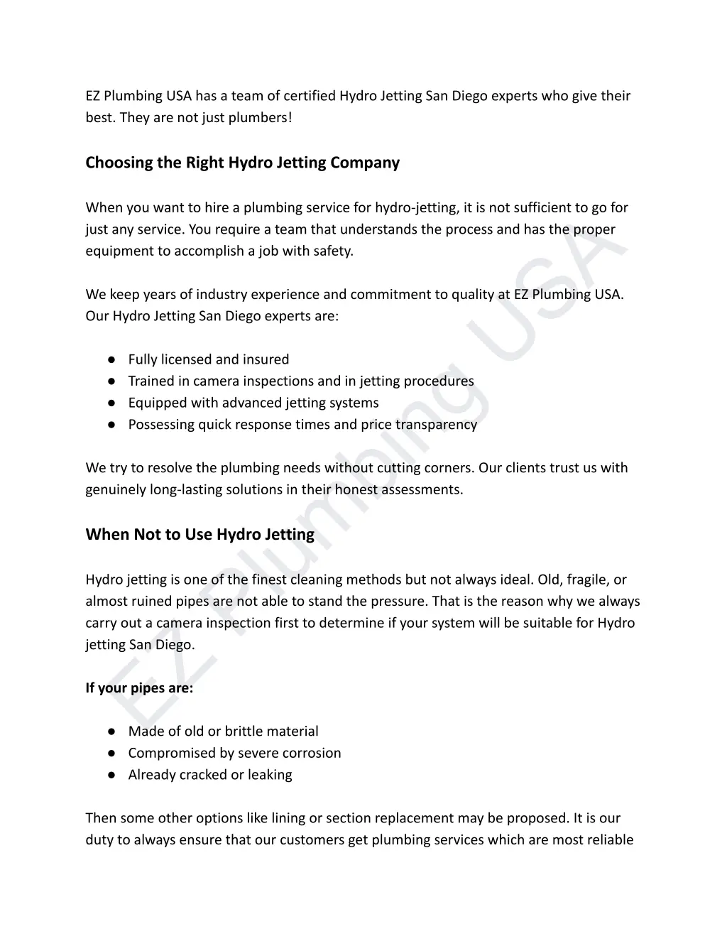ez plumbing usa has a team of certified hydro