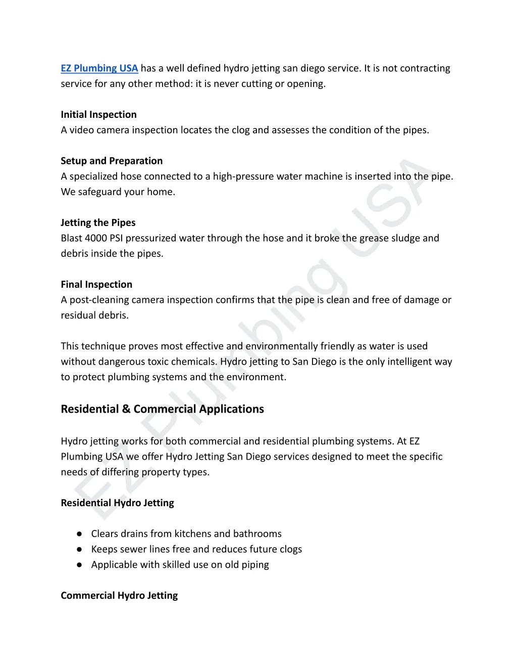 ez plumbing usa has a well defined hydro jetting
