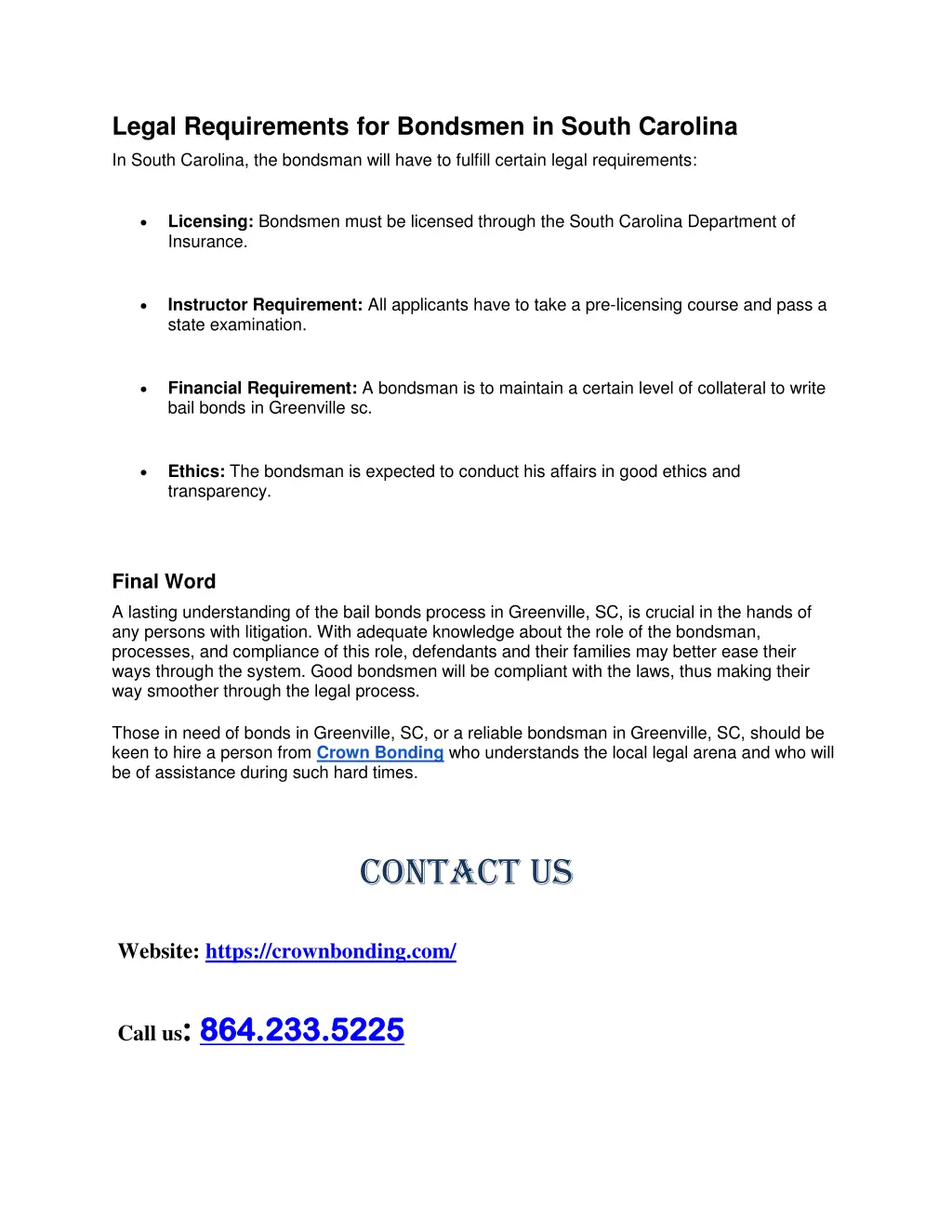 legal requirements for bondsmen in south carolina