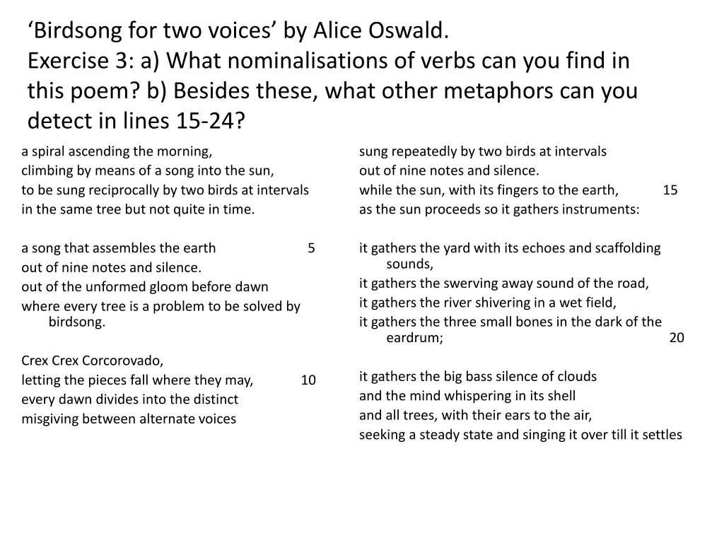 birdsong for two voices by alice oswald exercise