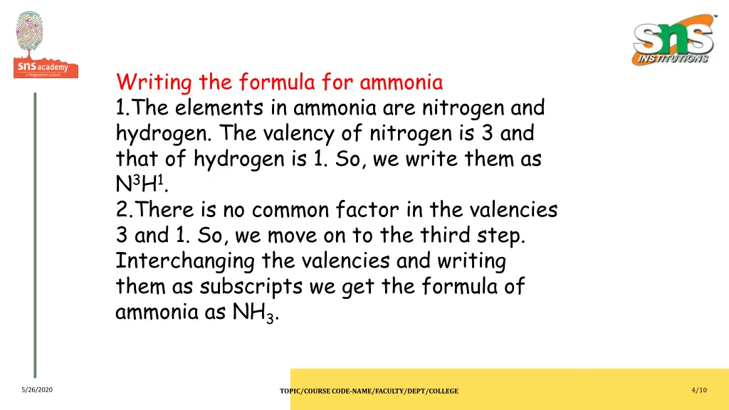 writing the formula for ammonia 1 the elements
