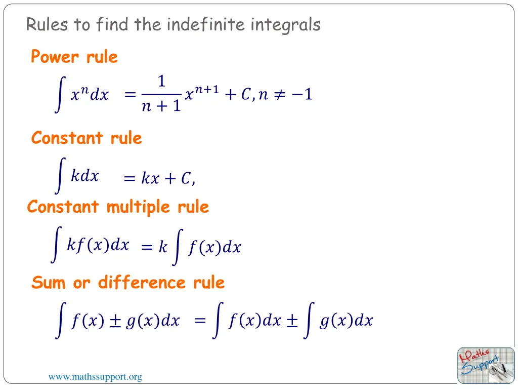 rules to find the indefinite integrals power rule